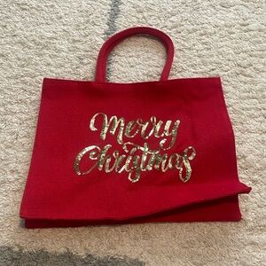 Merry Christmas Burlap Large Tote. Red with Gold Sequins.